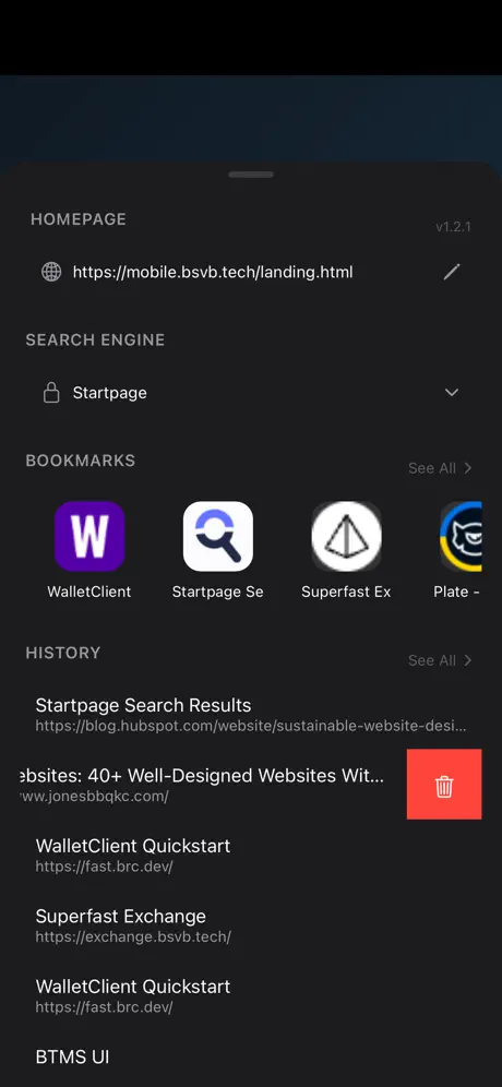 Bookmarks, history, and homepage settings in BSV Browser