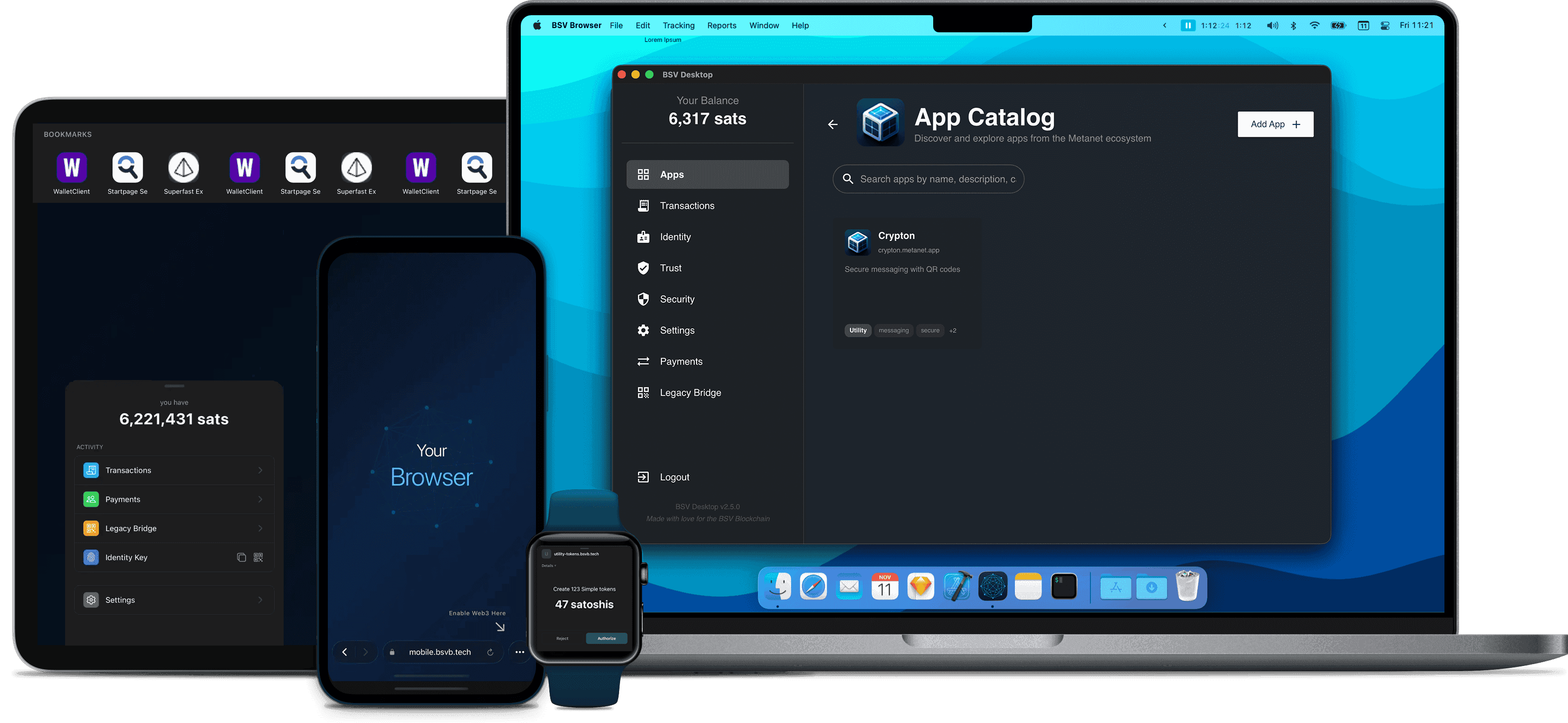 BSV Browser running on a laptop, tablet, phone, and watch
